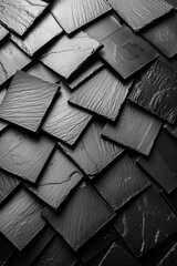 Poster - A close-up of various dark slate tiles showcases their unique textures and finishes. The collection highlights shades of black and gray, ideal for contemporary building projects or renovations.