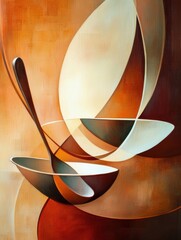 Aufkleber - The artwork features an abstract arrangement of spoon and cup shapes, rendered in warm colors and fluid forms, highlighting artistic creativity. Generative AI