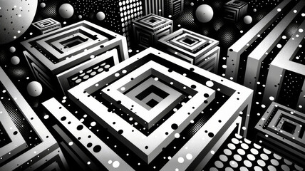 Poster - A complex arrangement of cubes and spheres creates an immersive 3D geometric pattern. The design features contrasting black and white elements, enhancing depth and artistic visual appeal.
