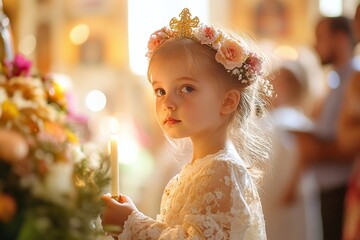 Child in a traditional communion dress, holding a candle at the altar, surrounded by family members in a softly lit church adorned with floral decorations and religious icons 2