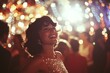 © Maelgoa - A woman in a glamorous cocktail dress, laughing amidst a blurry crowd at a lively celebration, adorned with sparkling lights and decorative streamers 6