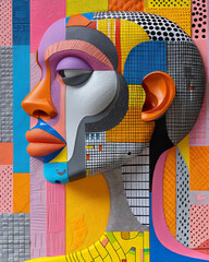 Poster - This striking artwork features a profile of a stylized face adorned with vivid colors and geometric patterns.