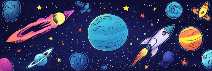 Poster - Whimsical cosmic doodles showcase vibrant planets, rockets, and asteroids, capturing the imagination of space lovers in a night sky. Generative AI