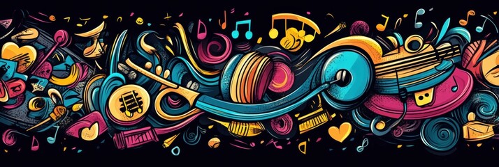Poster - A vibrant collection of doodles showcases musical instruments, notes, headphones, and sound waves, capturing the essence of music and creativity. Generative AI