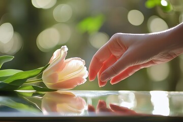 A hand gently placing a tulip on a polished casket, set against a backdrop of serene surroundings and soft-focus lighting 2