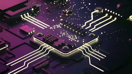 Abstract close-up of a circuit board with glowing lines and microchips, showcasing modern technology and electronics.