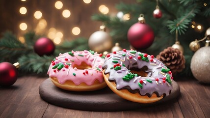 Wall Mural - Holiday-themed donuts with colorful icing and festive decorations next to Christmas ornaments