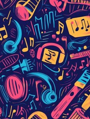 Aufkleber - A vibrant arrangement of musical doodles showcases various instruments, notes, and headphones against a deep backdrop. Generative AI