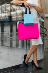 Wall Mural - Smiling woman is going shopping. Attractive lady is buying make up and jewelry on Black Friday. Elegant woman is preparing presents for family New Year celebration.