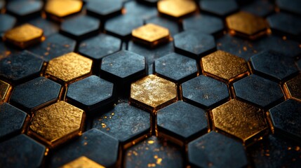 Poster - The image features a detailed close-up of a hexagonal pattern, combining dark and gold materials. The geometric design highlights textures and reflects light, creating visually appealing contrasts.