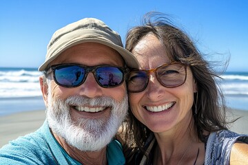 Portrait of a couple at the beach, playful expressions, ocean background, bright sunlight, wide shot, front angle 2