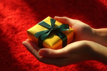 Hands holding a small yellow gift box with a green ribbon, on a red background, bright light, side view 2