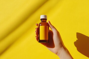 Hand holding a bottle of pills, on a yellow background, natural light, front view 2