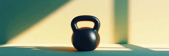 Poster - A black kettlebell sits on a flat surface, illuminated by sunlight streaming through a window, creating a warm atmosphere. Generative AI