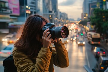 Wall Mural - A woman practicing photography in a bustling cityscape 3