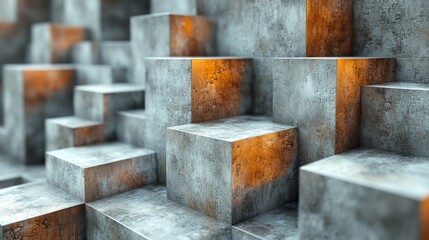 Aufkleber - The composition highlights a series of concrete cubes arranged in steps, featuring glowing orange edges that enhance the modern architectural design.