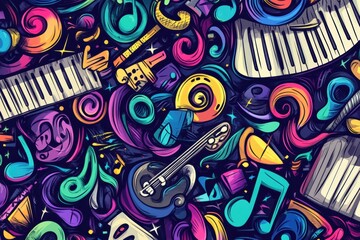 Poster - A lively composition of musical instruments, notes, and sound waves, showcasing a fun and energetic celebration of music and creativity. Generative AI