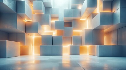 Leinwandbilder - A striking arrangement of illuminated geometric structures fills a contemporary space. The soft glow highlights the cubes, enhancing the atmosphere of modern design and creativity.