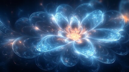 Poster - An abstract flower shape composed of glowing blue and orange hues emerges from a dark background, creating a mesmerizing effect that evokes calmness and wonder.