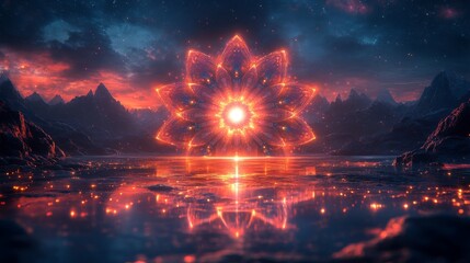 Leinwandbilder - The setting showcases a stunning floral pattern glowing above a peaceful lake, with mountains silhouetted against a vibrant sunset sky, creating an enchanting atmosphere.
