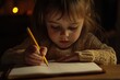 © Maelgoa - A child writing in a notebook with a pencil, warm indoor light, close-up, front view, focused expression 1