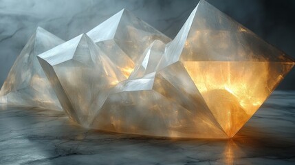 Leinwandbilder - Geometric shapes with sharp angles and crystalline textures are illuminated by warm light, contrasting against a dark, misty background, creating an alluring ambiance.