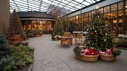 A vibrant Christmas tree market showcases decorated trees and festive decorations in a welcoming greenhouse setting