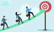© Red X and Co - Path to Success, Together Towards the Goal, Power of Teamwork, working towards a common goal, three people walking up a curved path towards a target. They are all carrying briefcases.