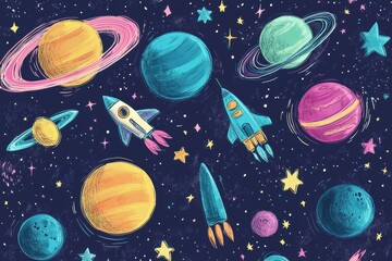 Poster - A vibrant display of cosmic doodles showcases a variety of planets, rockets, stars, and asteroids against a deep, dark background. Generative AI