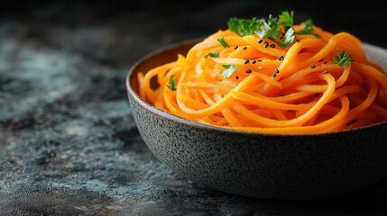 Wall Mural - Delicious Korean carrot salad served in a bowl with fresh herbs on a white background, ideal for recipes or food blogs