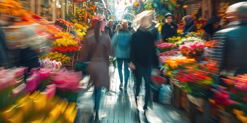 Flower market with people walking and colorful flower displays. Long exposure photography showing motion blur. Floral market and urban shopping concept. Market decorated with vibrant flower. AIG55.