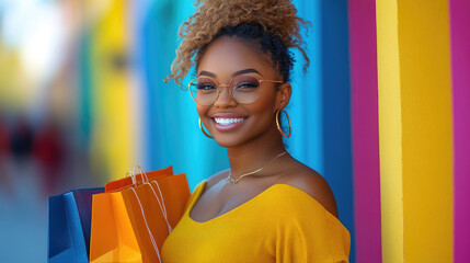 A cheerful young woman wearing glasses holds colorful shopping bags, standing in front of a vividly painted wall, exuding happiness and style