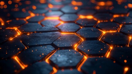 This captivating pattern features interlocking hexagons with glowing orange edges, creating a mesmerizing effect against a dark background, evoking a sense of depth and intrigue.