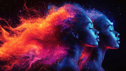Wall Mural - Two women stand side by side, with their colorful hair flowing like cosmic energy, showcasing an imaginative blend of art and beauty