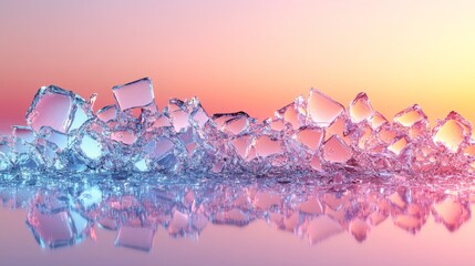 Aufkleber - A collection of clear ice cubes is arranged on a reflective surface, catching the warm colors of a sunset, creating a tranquil and beautiful atmosphere.