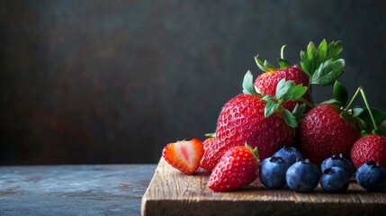 Fresh strawberries and blueberries arranged on a rustic board