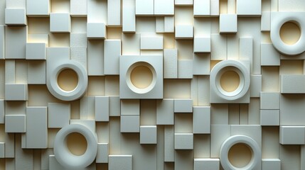 Poster - The composition showcases a textured wall with assorted white geometric shapes, including rectangles and circles, creating a modern artistic effect in the environment.