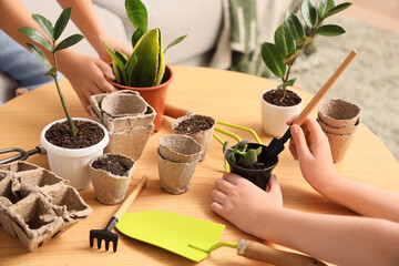 Cute children taking care of plants at home, closeup