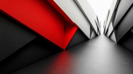 Aufkleber - Bold geometric shapes of black, white, and red angles create a striking architectural pathway, illuminated by natural light from above, drawing the eye forward.