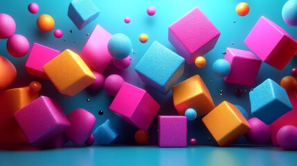 Leinwandbilder - A variety of geometric shapes, including cubes and spheres, hover in a dynamic arrangement against a bright blue background, showcasing vivid colors like pink, orange, and blue.