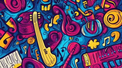 Poster - A colorful array of music-themed doodles showcases instruments, notes, and sound waves, celebrating the joy of music in a playful manner. Generative AI
