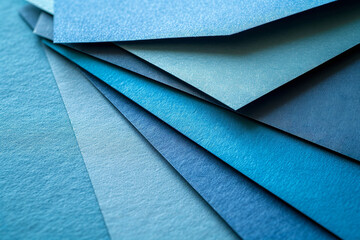 Poster - Colorful layers of blue paper in varying textures and shades create a vibrant display. The arrangement showcases the beauty of color blending and material diversity in creative settings.