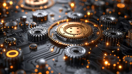 Poster - An intricate circuit board features metallic gears and glowing elements against a dark background. The design showcases a blend of technology and artistry, highlighting fine details and textures.