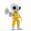 © Dipsky - A cartoon character with a large, round head stands confidently, wearing a vibrant yellow outfit and holding a megaphone. The simple background emphasizes its playful design and bold colors.
