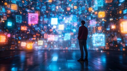 Businessman stands in a modern abstract office, observing illuminated cubes and spheres