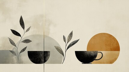 Poster - A serene composition showcases artistic lines symbolizing tea leaves and cups, reflecting a calm and tranquil atmosphere. Generative AI