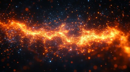 Fototapete - Bright orange light trails weave through a starry background, creating an abstract visual of energy and motion that evokes a cosmic atmosphere.