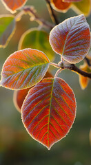 Bright fall leaves covered in the season's first hoarfrost. The first frost. The concept of dropping temperatures..