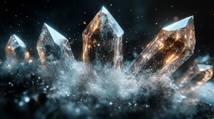 Poster - A cluster of clear crystal formations emerges from a misty surface, reflecting light and showcasing their intricate textures and sharp points with a magical glow.