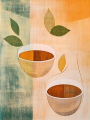 Poster - The artwork features a design of intersecting lines symbolizing tea leaves and cups, depicted in warm, inviting colors. Generative AI